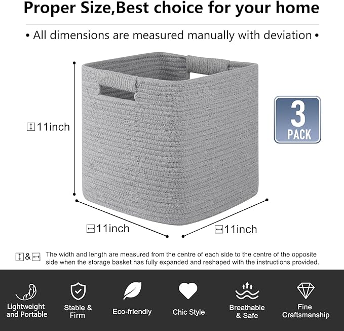 OIAHOMY Storage Cubes 11 Inch Bins-3-Pack, Cotton Rope Woven Baskets for Organizing, Square Storage Baskets for Shelves, Classroom, Kids Toy Bins, Closet, Baby Nursery-Grey