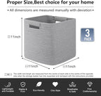 OIAHOMY Storage Cubes 11 Inch Bins-3-Pack, Cotton Rope Woven Baskets for Organizing, Square Storage Baskets for Shelves, Classroom, Kids Toy Bins, Closet, Baby Nursery-Grey