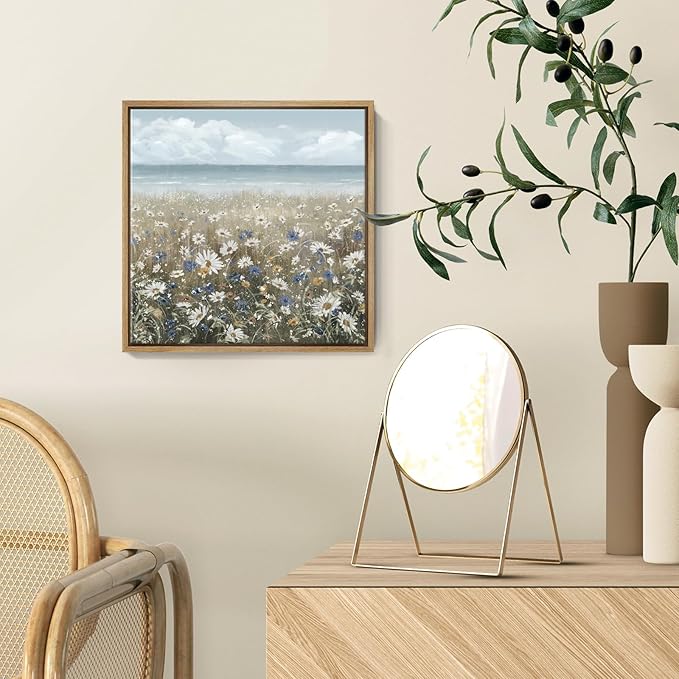 amatop Framed Wall Art Bathroom Décor Boho Beach Coastal Vintage Floral Wall Picture Flower Daisy Flowers by Sea Canvas Print Nautical Small Artwork For Home Farmhouse Living Room Bedroom Office