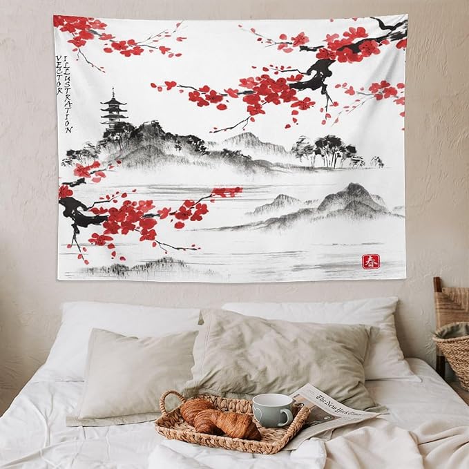 Cherry Blossoms Tapestry, Japanese Fuji Mountain Tapestry, Asian Japanese Wall Tapestry, Nature Landscape Tapestries for Bedroom Living Room Decor 80"x60"