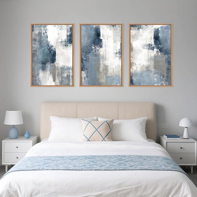 LHIUEM Large Abstract Brush Strokes Framed Canvas Wall Art Set,Navy Blue and Gray Wall Decor,Modern Color Block Shape Artwork,Minimalist Neutral Blue Printing for Living Room,Bedroom, Office-16''x24''x3
