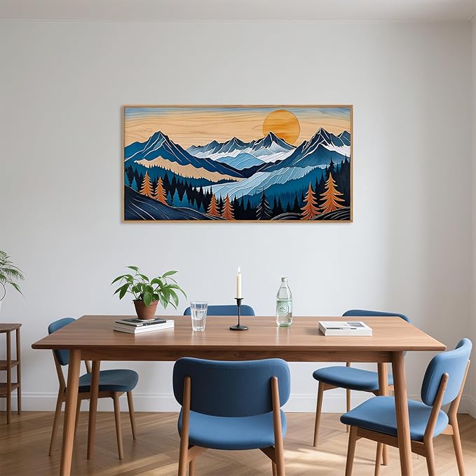 Blue Woodcut Mountain Framed Canvas Wall Art Set, Boho Abstract Ridge Wall Decor, Pine Tree Landscape Wall Painting, Sunrise Forest Art Print for Living Room, Bedroom, Office - 20"X40"
