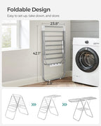 SONGMICS Clothes Drying Rack, with Sock Clips, Metal Laundry Rack, Foldable, Space-Saving, Free-Standing Airer, with 2 Height-Adjustable Gullwings, Indoor Outdoor Use, Silver and White ULLR052W01