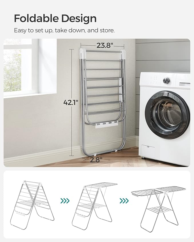 SONGMICS Clothes Drying Rack, with Sock Clips, Metal Laundry Rack, Foldable, Space-Saving, Free-Standing Airer, with 2 Height-Adjustable Gullwings, Indoor Outdoor Use, Silver and White ULLR052W01