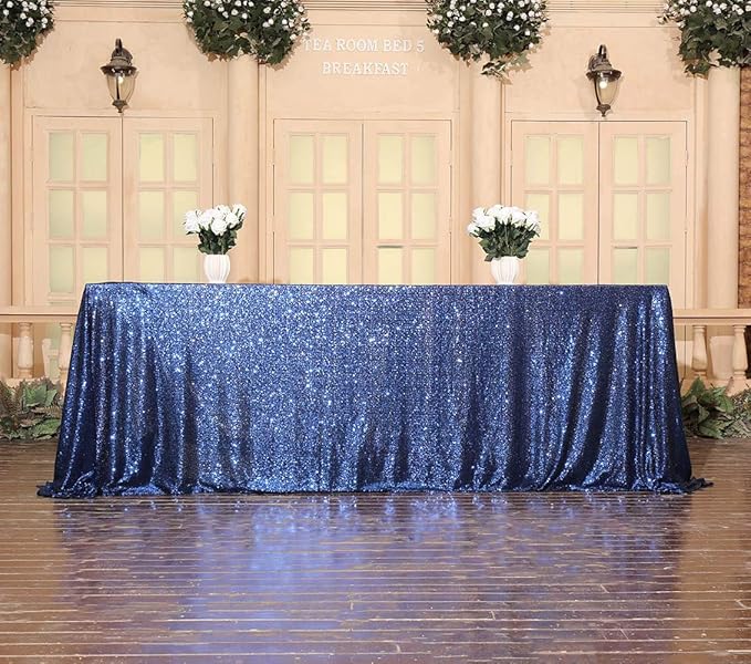 SquarePie Sequin Tablecloth Rectangular 90 x 132 Inch Navy Blue Bling Sparkly Table Linen for Wedding Party