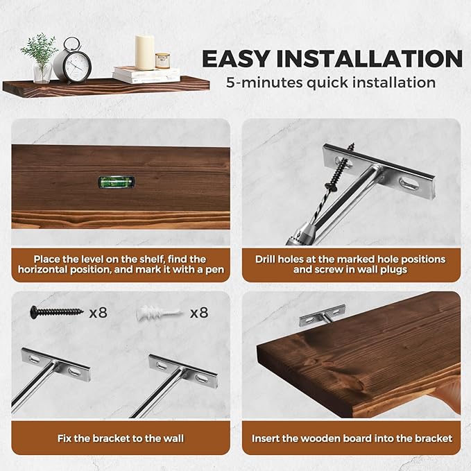 Floating Wall Shelves 2-Pack - Rustic Brown 16-inch Wooden Wall Shelves for Storage and Décor, Multi-Functional and Easy to Install for Living Room, Bedroom, and Kitchen