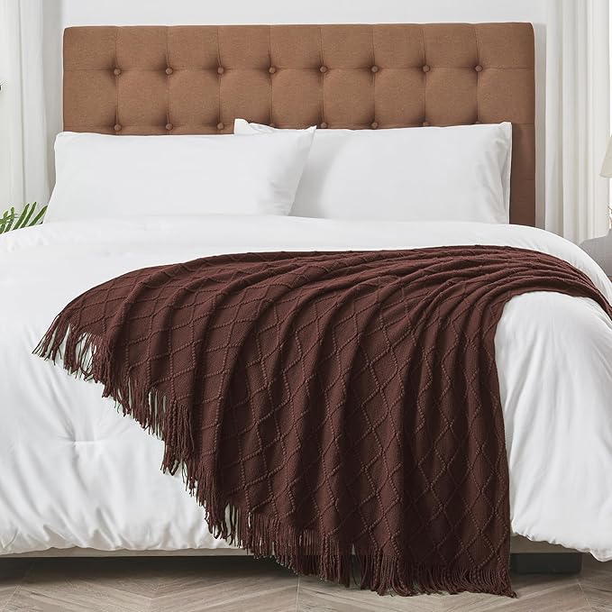 inhand Knitted Throw Blankets for Couch and Bed, Soft Cozy Knit Blanket with Tassel, Diamond Brown Lightweight Decorative Blankets and Throws, Farmhouse Warm Woven Blanket for Men and Women, 50"x60"