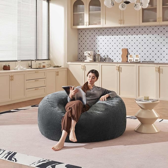 Bean Bag Chair 4Ft, Memory Foam Filled, Large Beanbag Chairs for Adults and Teens, Soft Sofa with Removable Flannel Cover, Round Couch for Living Room Bedroom College Dorm (Dark Gray, 4FT-47×47"×24")