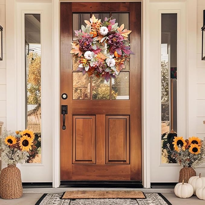 20Inch Fall Wreaths for Front Door,Fall Wreath,Fall Decorations for Home,Autumn Wreaths with White Pumpkins Peony Pine Cones, Fall Door Wreath for Thanksgiving Halloween Indoor Outdoor Decor