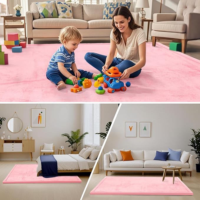 ACOMOPACK Baby Play Mat for Floor,1.3" Thick Memory Foam Area Rug for Living Room,Soft Velvet Crawling with Non-Slip Bottom for Kid,Toddler,39"×59" Tummy Time Nursery Rugs,Yoga（Pink）