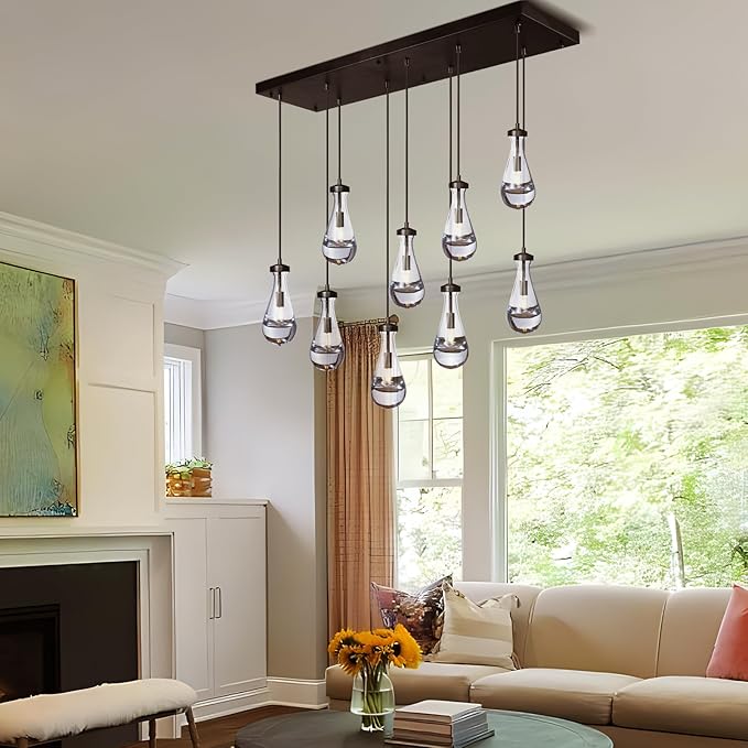 Raindrop 9-Light Chandeliers for Dining Room, Black Dining Room Lights Fixture Over Table, Teardrop Pendant Lights Kitchen Island, Adjustable Rope Hanging Lamp Ceiling for Entryway Foyer
