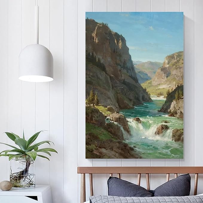 Natural mountain stream scenery poster suitable for bedroom beautiful blue sky flowing river scenery suitable for living room dormitory office