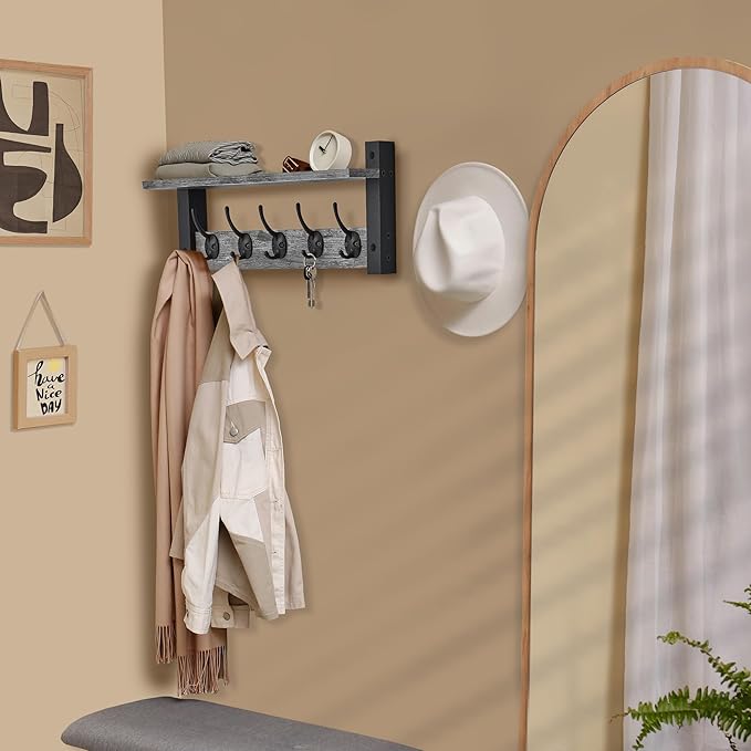 Sorbus Coat Hooks Wall Mount with Shelf – 16 Inch Coat Rack Wall Mount with 5 Heavy Duty Hooks – Floating Wall Shelf with Hooks for Entryway, Bathroom, Bedroom, Kitchen, or Mudroom (Gray)