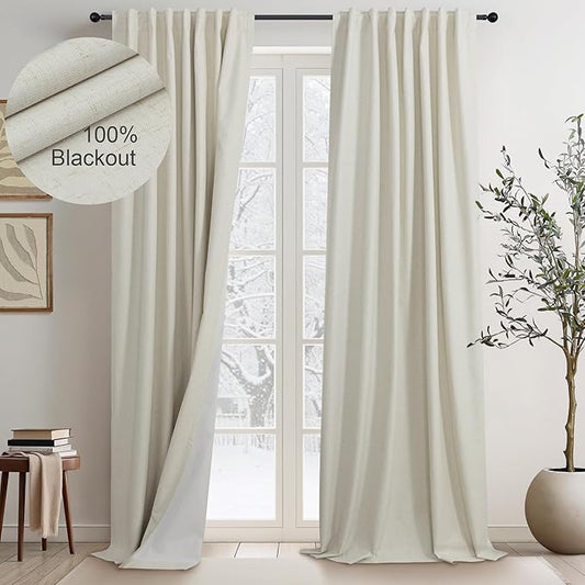 DANCURTON Flax Linen Curtains for Living Room 2 Panels Set 104 Inches Long Heavy Thick Burlap Look Decorative Blackout Curtain 104 inch Length Sound Drapes Noise Reducing Back Tab Rod Pocket W52 Beige