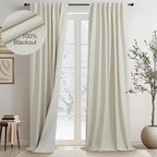Flax Linen Blackout Living Room Curtain 84 Inch Long 2 Panel Tan Beige Black Out Burlap Farmhouse Insulated Thermal Curtain for Summer Heat Nursery Room Darkening Drapes Bedroom Back Tab 52x84 Length
