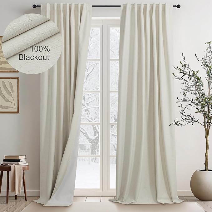 Flax Linen Blackout Living Room Curtain 84 Inch Long 2 Panel Tan Beige Black Out Burlap Farmhouse Insulated Thermal Curtain for Summer Heat Nursery Room Darkening Drapes Bedroom Back Tab 52x84 Length
