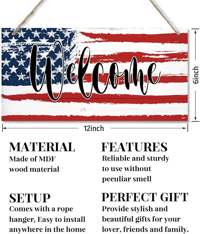 Welcome Decor Sign, Hanging Wood Sign Home Decorative, Printed Wood Wall Art Sign, American Flag Welcome Sign, Patriotic Home Decor, Front Door Decor Sign, Farmhouse Porch Wall Art Sign 12 * 6inch