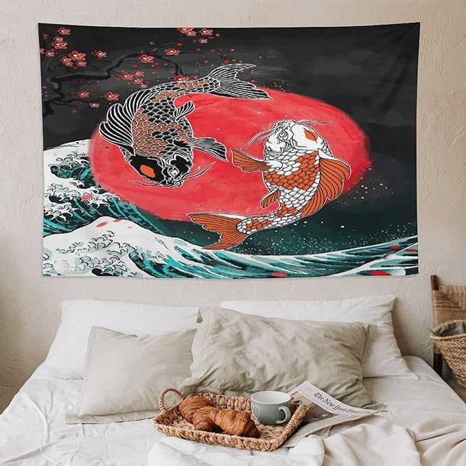 Houselerax Koi Fish Tapestries,Japanese Style Yin Yang Big Wave Cherry Blossoms Tapestry Wall Hanging for Bedroom Living Room Office Decor 90"x60"