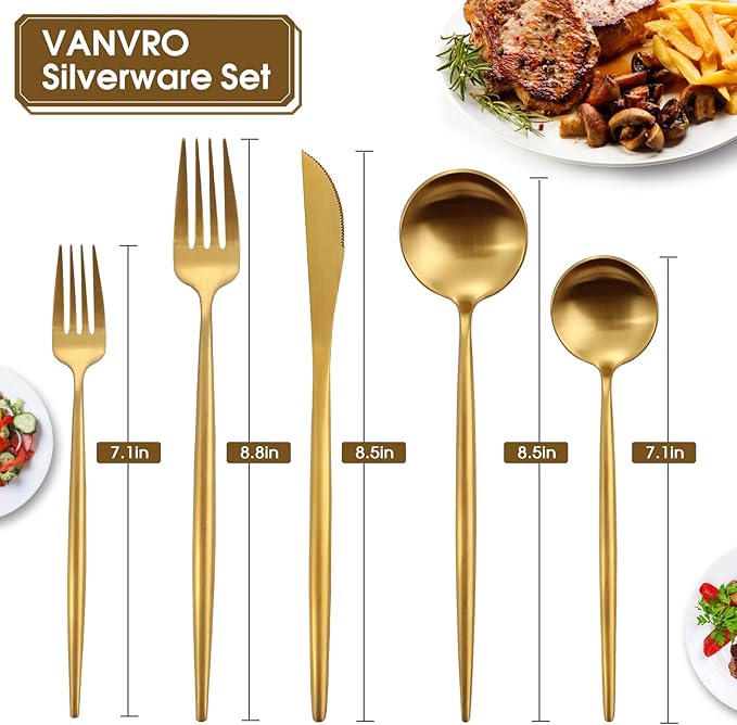 Matte Gold Silverware Set, 20-Piece Stainless Steel Flatware, Tableware Cutlery Service for 4, Satin Finish Utensils, Knife Fork Spoon for Home and Restaurant, Dishwasher Safe