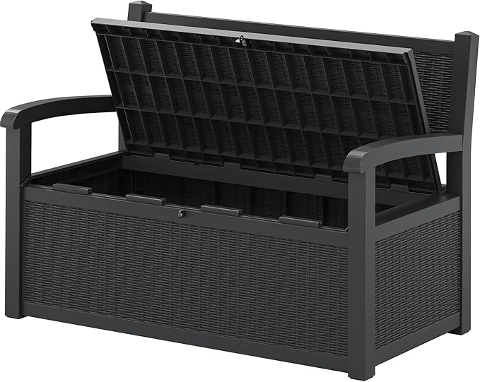 70 Gallon Storage Bench Deck Box for Patio Furniture with Armrest Bench Outdoor Storage