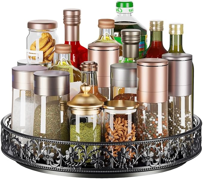 10" Lazy Susan Organizer Turntable,360 Rotating Spice Rack Lazy Susan for Cabinet Dining Table Top Countertop Pantry Kitchen Cupboard Vanity Bathroom Refrigerator Black