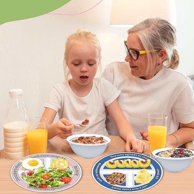 4 Pcs Portion Control Plates & Bowls Set (2 Plates + 2 Bowls, 9 Inch) - Self-Measuring for Weight Loss, Gastric Bypass, LapBand, Diabetes & Healthy Diets, Pink & Blue, for Adults & Children
