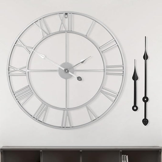LEIKE 18.5" Modern Large Wall Clocks,Vintage, Round,Silent Non Ticking,Battery Operated,Silver Metal Roman Numerals Clock for Living Room/Bedroom/Kitchen Decor