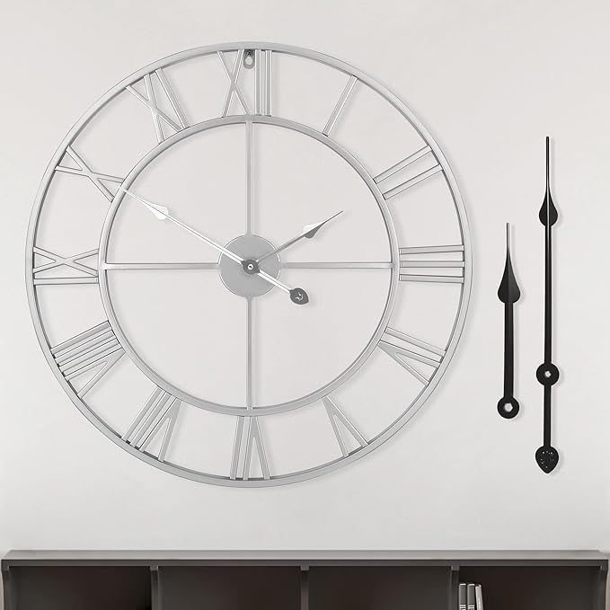 LEIKE 16" Modern Large Wall Clocks,Vintage, Round,Silent Non Ticking,Battery Operated,Silver Metal Roman Numerals Clock for Living Room/Bedroom/Kitchen Decor