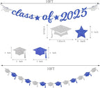 Navy-Blue White-Silver Party-Decoration Graduation Banner - 14pcs Kits Cap Garland Streamers, Royal Paper Tissue Pom Poms Flowers Fans Honeycomb,Class Of 2025 College High School Grad Decor Hugfond