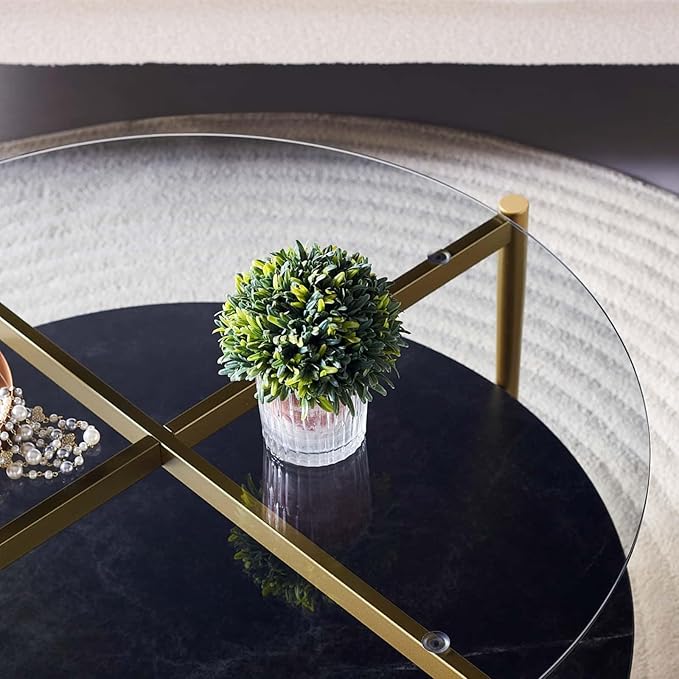 Round Coffee Table for Living Room, Mid-Century Modern Design, D30 x H17, 2-Tier Structure, Grey Glass Top and Black Marble Finish Wood Shelf, Sleek Conical Metal Legs with Gold Finish Frame