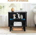 Farmhouse Square End Table with Charging Station, 24" Large Fluted Sofa Side Table with Sliding Tambour Door and Storage, Rustic Curved Wood Nightstand for Living Room, Bedroom, Black