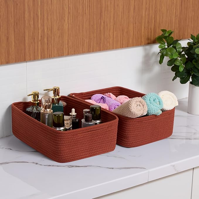 Large Shallow Organizing Baskets 15x11x5.1 Inches - Rope Woven Storage Bins for Bathroom, Shelves, Cube Closet, Red 2 Packs