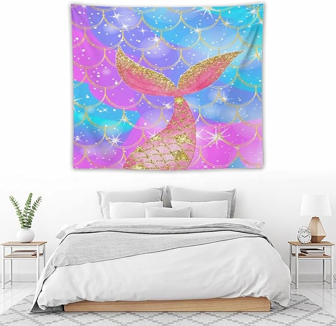 HZOHNAGO Mermaid Scales Tapestry Colorful Shiny Scales Mermaid Tail Pattern Printed Wall Tapestry Wall Hanging for Bedroom Living Room Dorm 60" W x 50" H