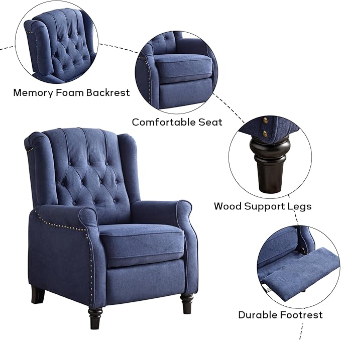 EBELLO 2 Pcs Pushback Recliner Chairs, Fabric Armchair Push Back Recliner with Rivet Decoration, Single Sofa Accent Chair for Living Room, Bedroom, Blue