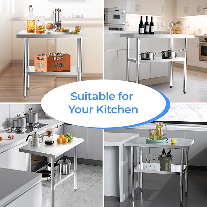 NUUK Stainless Steel Work Table 24 x 36 Inches Heavy Duty Commercial Workstation Adjustable Height Kitchen Food Prep Worktable for Restaurant, Home and Hotel