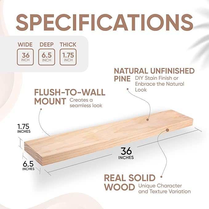 Homeforia 36 inch Wood Floating Shelves, High End Solid Natural Wood 36inch Large Floating Shelf Bathroom, Unfinished Wooden Floating Shelves for Wall, Heavy Duty Bracket, 36 X 6.5 X 1.75 in, Set of 2