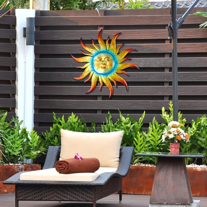 Large Metal Sun Wall Art Decor - 23.6 inches Outdoor Wall Decor,Sun Face Sculpture for Garden Farmhouse Yard Patio Fence Living Room Bedroom Gift Idea for Family Friends