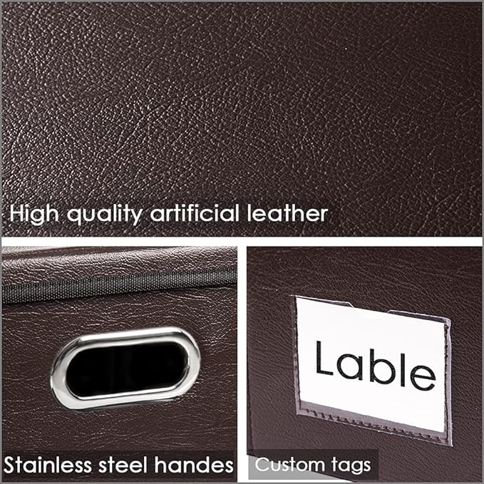 PRANDOM Collapsible Storage Box with Lid [1-Pack] Leather Fabric Foldable Storage Bin Organizer Container Basket Cube with Cover for Home Bedroom Closet Office Nursery Brown (13.6x9.6x6.9)