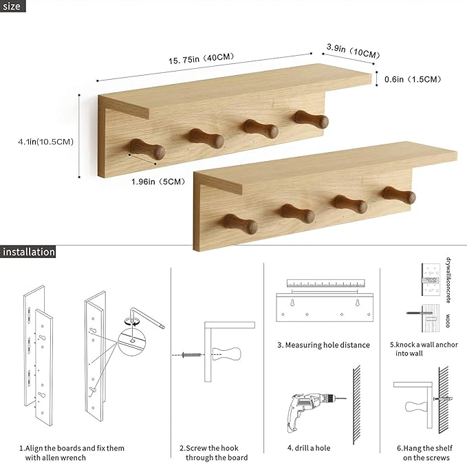 Entrance Coat Rack ，Coat Hooks, Wall-Mounted Wooden Hook Rack, Wall-Mounted Shelves are Very Suitable (Oak Colored Finish-2)