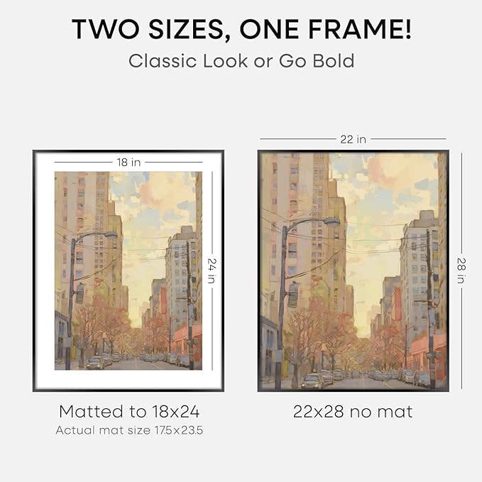 Homeforia 22x28 Poster Frame Black, High End Metal 22 x 28 Large Picture Frames with Mat 18 x 24 for Photo, 22x28 Thin Frame Matted to 18x24 inch Print, 28x22 Frame, Tempered Glass, Wall Kit, Set of 1