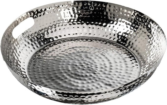 MyGift 14 Inch Deluxe Decorative Dish Tray Centerpiece Base, Silver Tone Plated Hammered Aluminum Fruit Bowl Serving Platter with Cutout Handles - Handcrafted in India