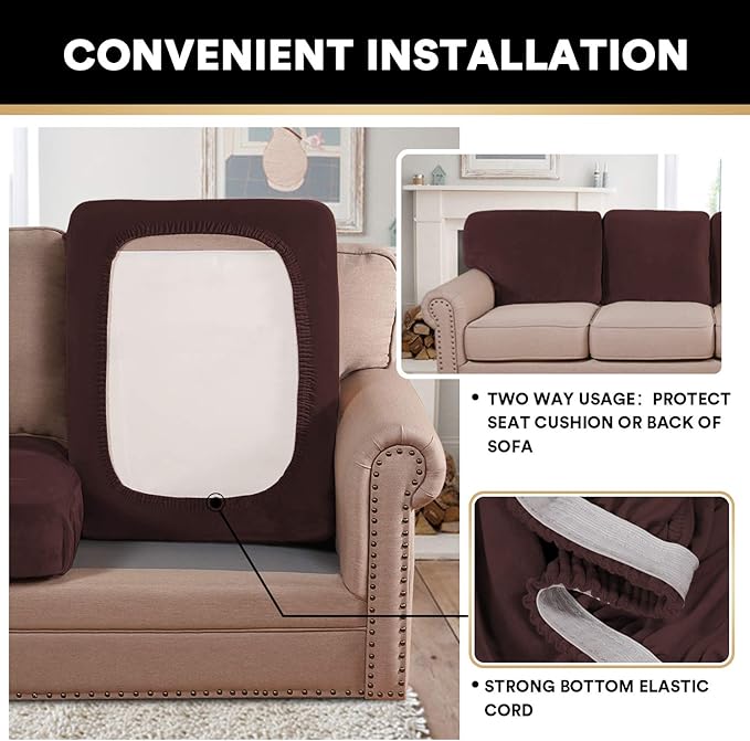 PrinceDeco Brown Furniture Cover, 2 Pcs Velvet Stretch Sofa Cushion Covers for Individual Cushions, Pet Friendly, Stay in Place, Machine Washable