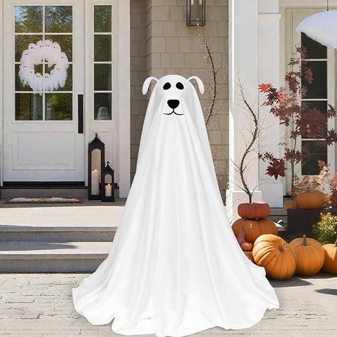 DAZONGE Halloween Decorations, Light-Up Freestanding Spooky Ghost Dog with Remote String Lights Battery Operated, Halloween Ghost Dog for Front Door Porch Yard Lawn Home Party