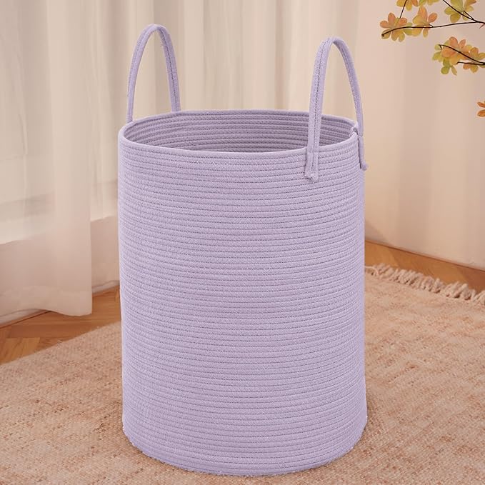 Large Woven Laundry Basket Hamper,60L Cotton Rope Storage Bin for Blankets,Toys and Clothes,Decorative Tall Nursery Hamper for Living Room,Baby Nursery,Bathroom and Bedroom,Purple
