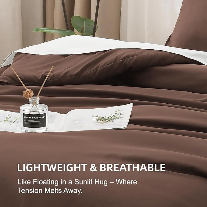 Litanika Brown Comforter Set Queen Size, 3 Pieces Lightweight Solid Bedding Comforter Set, All Season Fluffy Bed Set (90x90In Comforter & 2 Pillowcases)