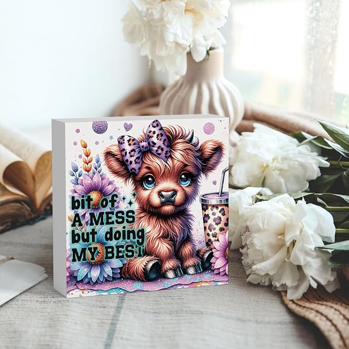 Highland Cow Baby Decor, Highland Cow Sunflower Decor, Highland Cow Gifts for women, Highland Cow Nursery Decor, Wooden Box Decor Sign for Home Farmhouse Office Living Room Table Shelf Tiered