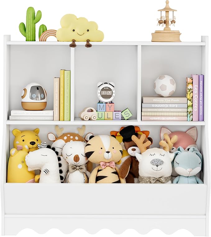 Wood Kid Storage Cubby, Toy Storage Organizer with Bookshelf, 32"L x 15"D x 31"H Montessori Toy Shelf, Nursery Book Shelves, Wooden 4-Cubby Children Book Shelf for Playroom Classroom, White