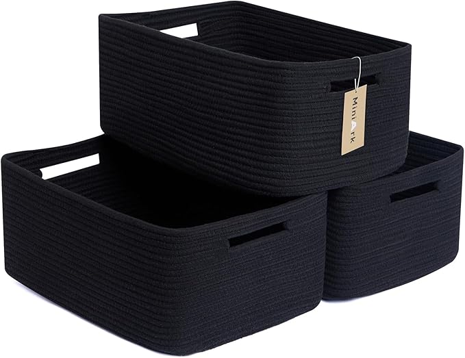 Large Storage Baskets for Shelves, Closet Organizers Bins for Clothes Blanket Towels, Baby Nursery, Toy Baskets Box, Woven Rope Baskets, 17 x 13 x 7.5”, 3 Packs Black