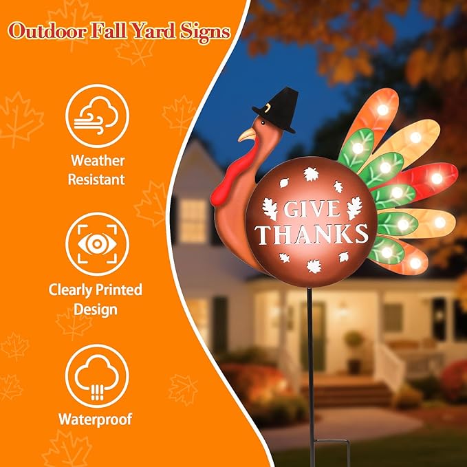 2 PCS Happy Fall Yard Signs Metal Thanksgiving Decorative Garden Stakes with Led Light Turkey Give Thanks Yard Stakes Fall Harvest Lawn Garden Lawn Pathway Decor