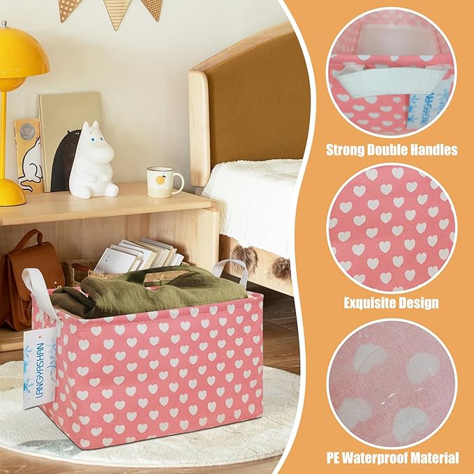 LANGYASHAN Rectangular Storage Bin Collapse Canvas Fabric Cartoon Storage Basket with Handles for Organizing Home Kitchen Boys and Girls Toys Office Closet Shelf Baskets (Rec pink heart)